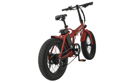 Rode-opvouwbare-fatbike-genaamd-voltaway-commuter-met-sportieve-eigenschappen,-gefotografeerd-vanaf-de-achterkant