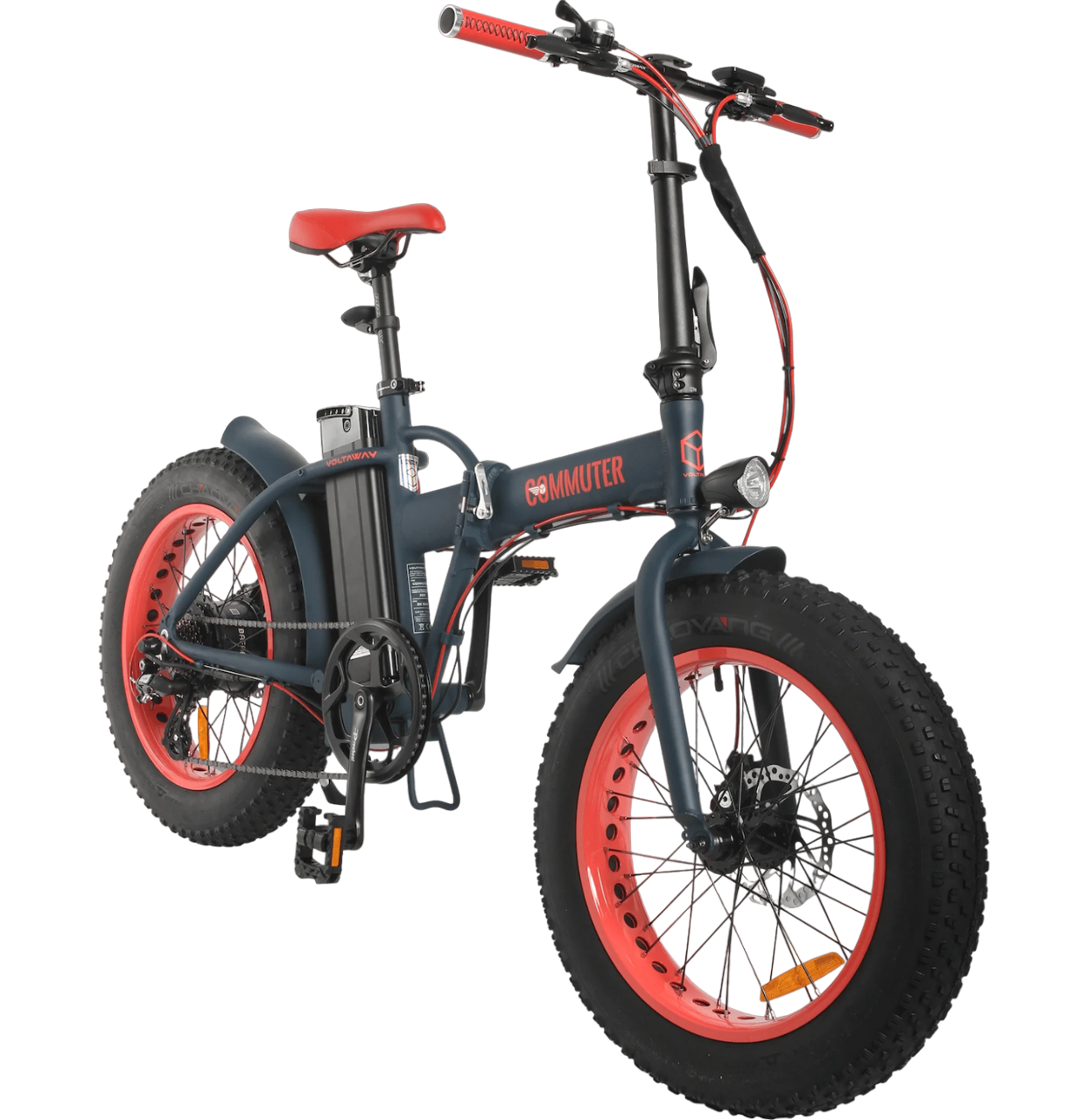 Rood-blauwe-opvouwbare-fatbike-genaamd-voltaway-commuter-met-sportieve-eigenschappen,-gefotografeerd-vanaf-de-voorkant