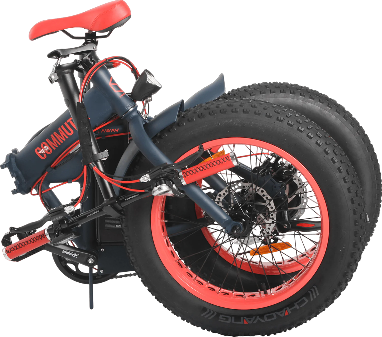 Rood-blauwe-opgevouwen-fatbike-genaamd-voltaway-commuter-met-sportieve-eigenschappen,-gefotografeerd-vanaf-de-zijkant