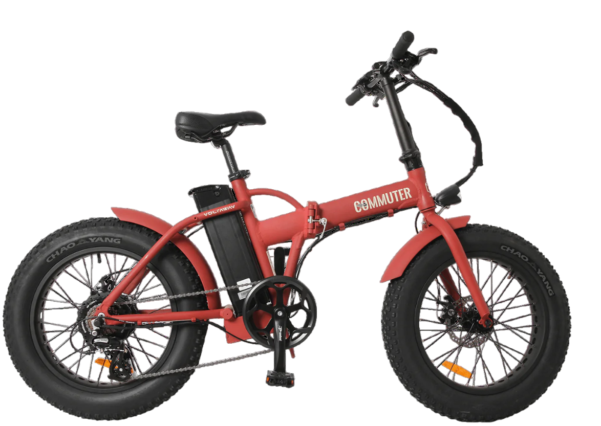 Rode-opvouwbare-fatbike-genaamd-voltaway-commuter-met-sportieve-eigenschappen,-gefotografeerd-vanaf-de-zijkant