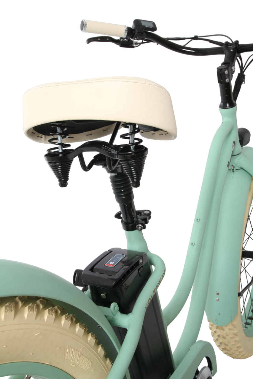 zadel-van-turquoise-fatbike-genaamd-voltaway-gooseneck-beach-cruiser-met-vrouwelijke-eigenschappen,-gefotografeerd-vanaf-de-achterkant